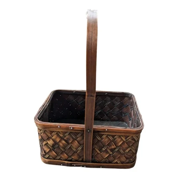 Wood Woven Basket with Handle Two Toned  Rectangular - Picture 6 of 8